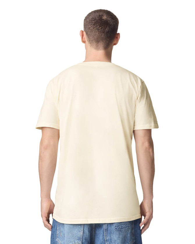 A cream-coloured unisex short sleeve T-shirt, viewed from the back, featuring a logo.