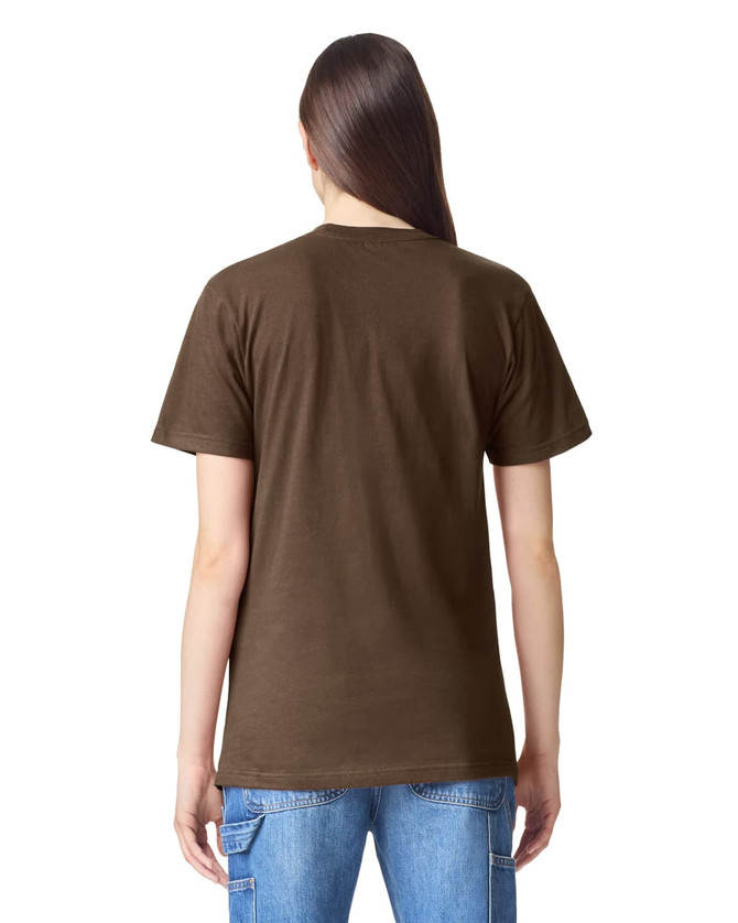 A brown unisex short sleeve t-shirt displayed from the back, featuring a logo.