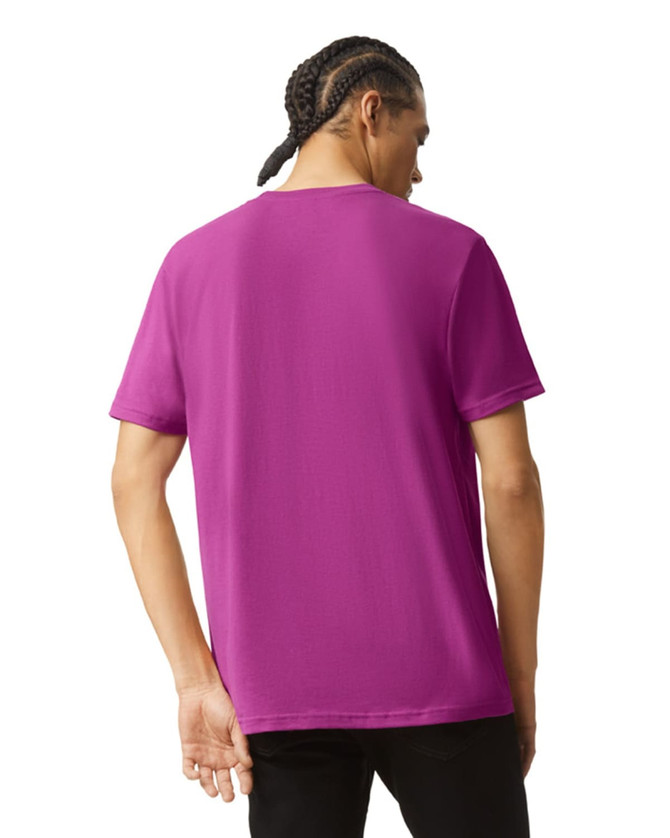 A unisex fine jersey short sleeve t-shirt in vibrant purple, featuring a logo on the back.