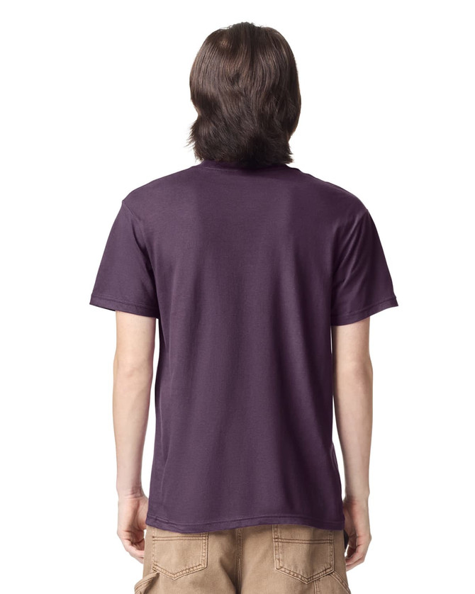 A unisex fine jersey short sleeve t-shirt in a deep purple colour, viewed from the back. It has a logo on the back.
