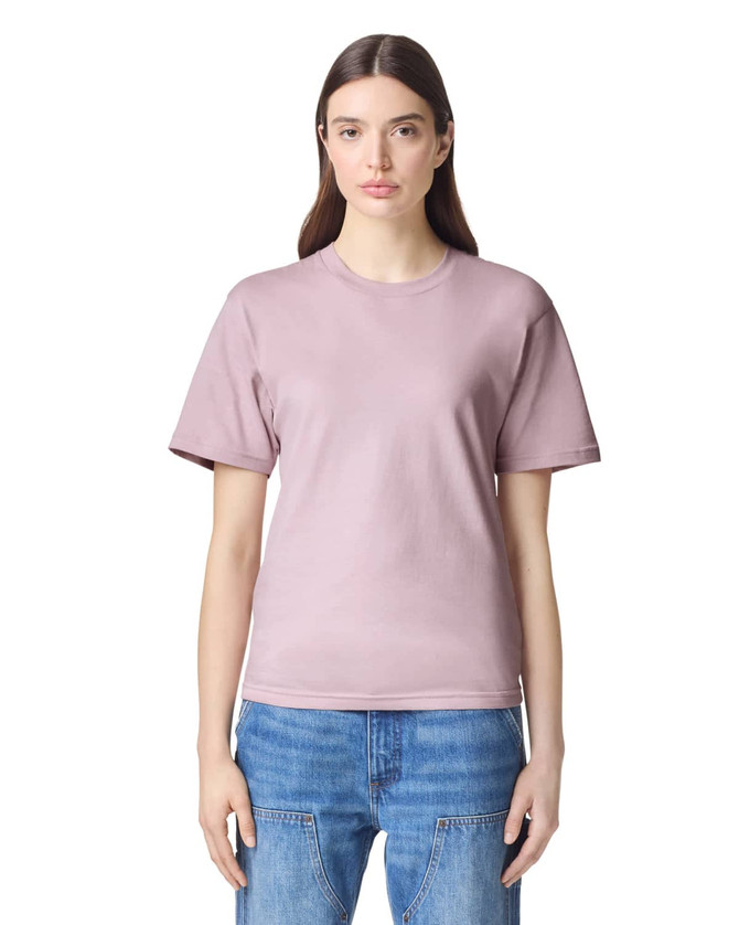 A unisex fine jersey short sleeve t-shirt in a muted mauve colour, featuring a relaxed fit and no visible branding.