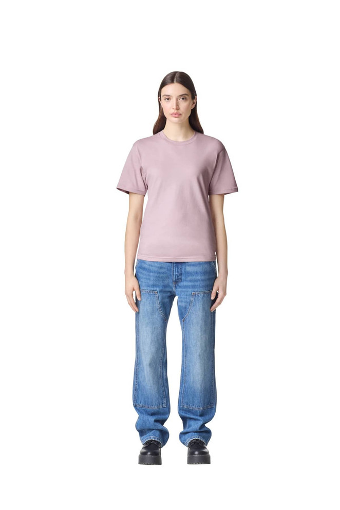 A unisex fine jersey short sleeve t-shirt in a soft mauve colour, featuring a logo.