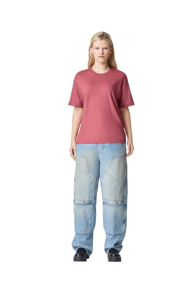 A unisex fine jersey short sleeve t-shirt in a dusty rose colour, featuring a simple design and a subtle logo.