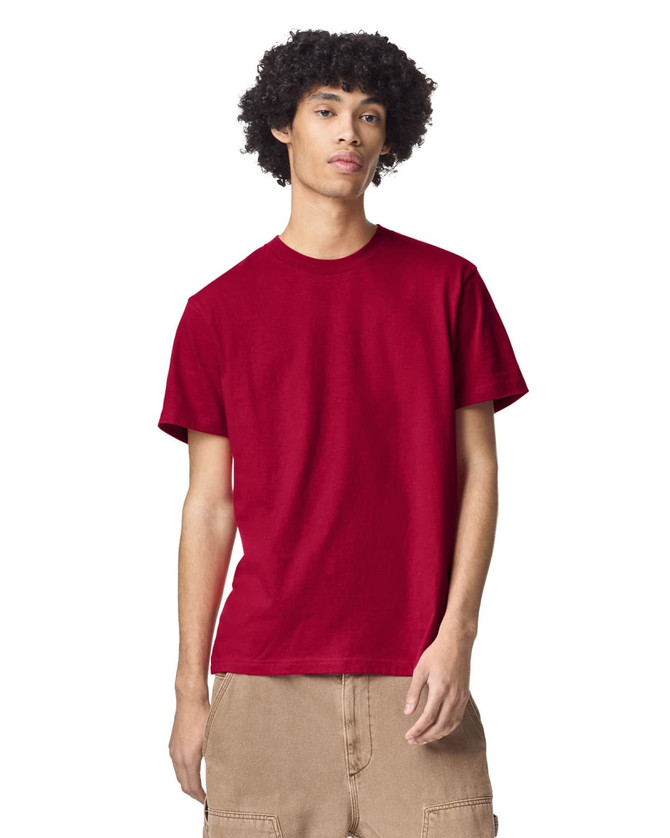 A unisex fine jersey short sleeve t-shirt in burgundy, featuring a logo on the front.