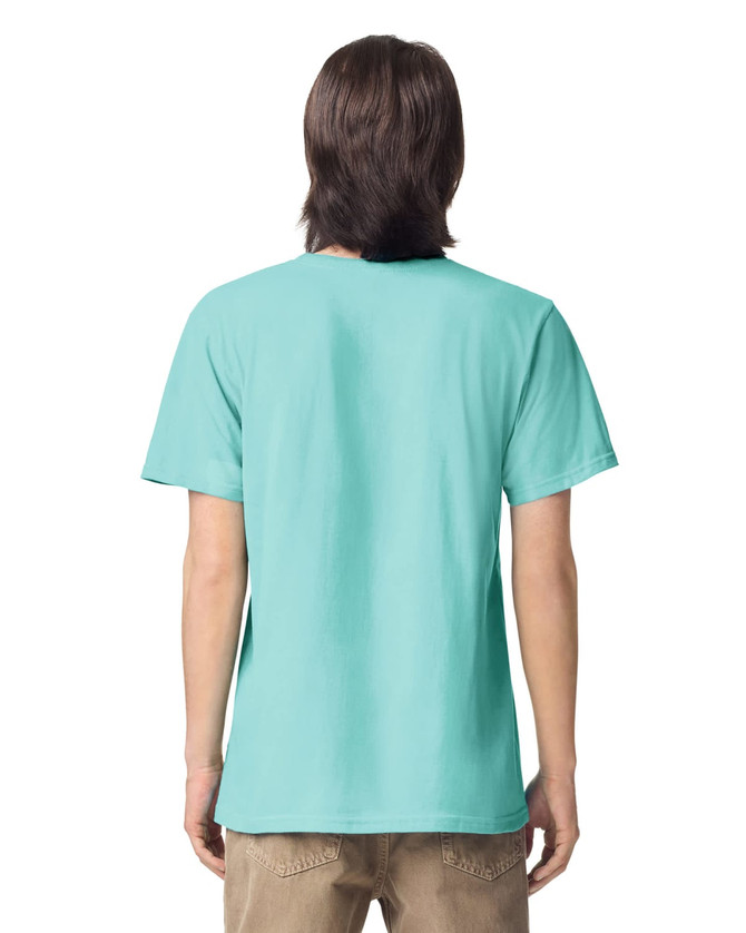 A unisex fine jersey short sleeve T-shirt in a vibrant turquoise colour, featuring a simple design and a branding logo.