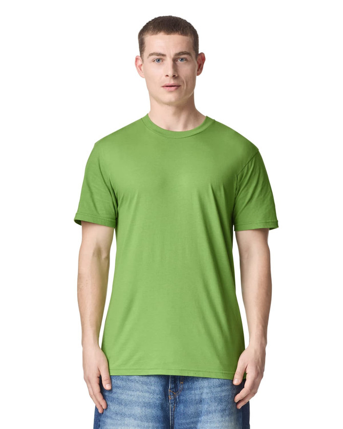 A green unisex short sleeve T-shirt displayed on a male model, featuring a simple design and a logo.