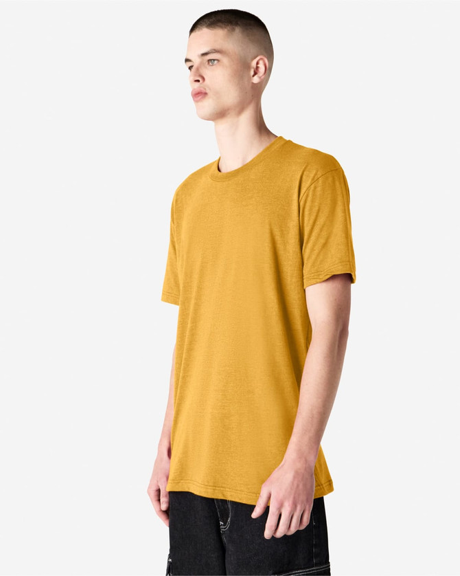 A unisex short sleeve t-shirt in a rich mustard yellow colour, featuring a logo on the front.