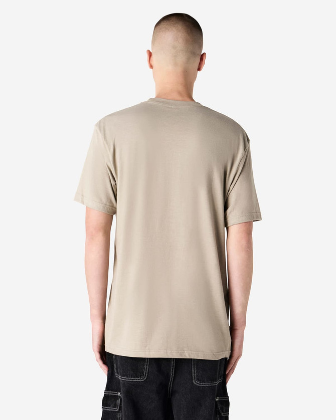 A unisex short sleeve t-shirt in a light beige colour, featuring a plain back and a logo.