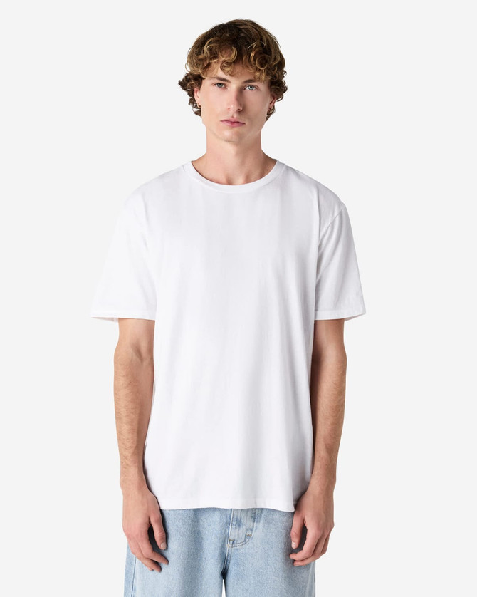 A unisex short sleeve T-shirt in white, featuring a classic fit and a logo.