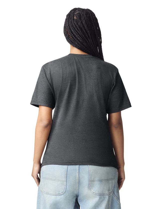 A unisex CVC short sleeve t-shirt in dark grey, featuring a simple design and a plain back view.