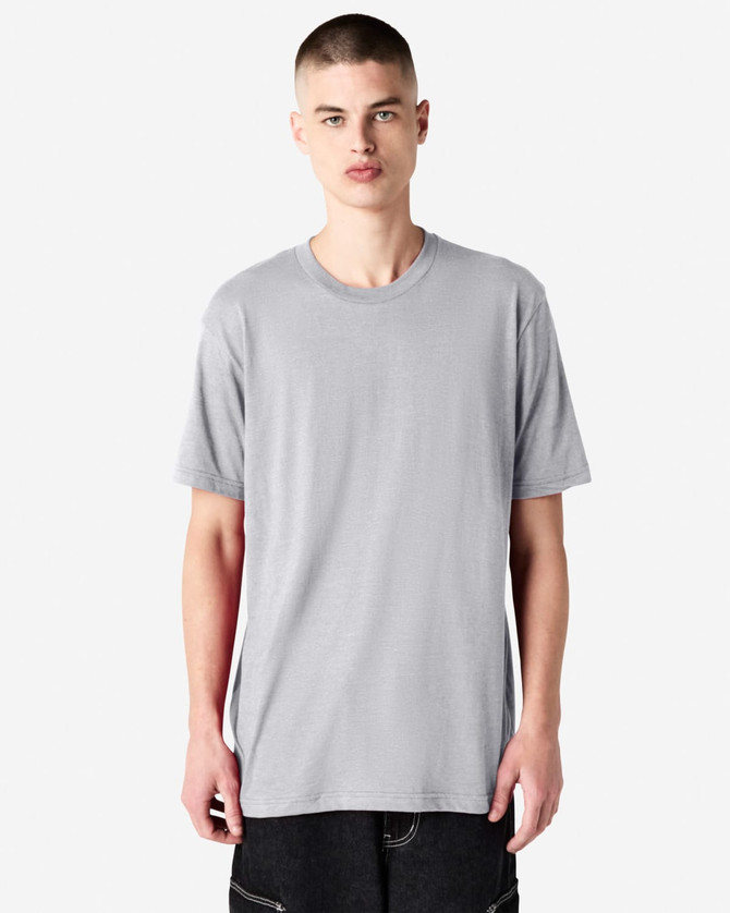 A grey unisex CVC short sleeve T-shirt on a model with a plain background, featuring a logo.