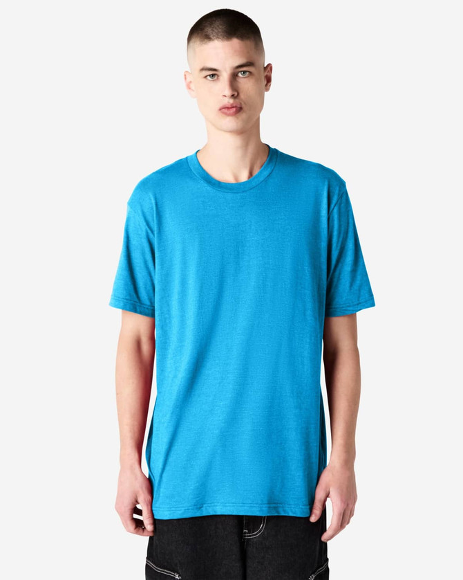 A blue unisex short sleeve T-shirt displayed on a model against a plain background, featuring a logo.