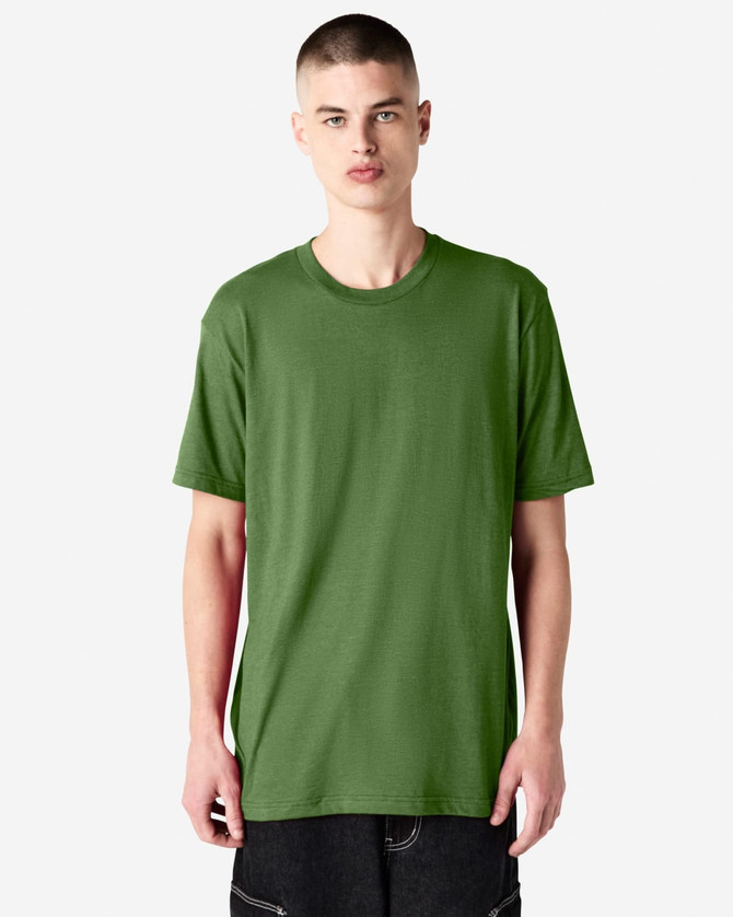 A green unisex short sleeve t-shirt displayed on a model with short hair, featuring a logo on the shirt.