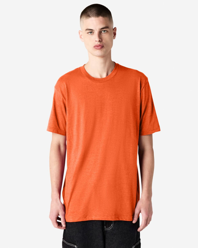 An unisex short sleeve T-shirt in vibrant orange, featuring a simple design and crew neck. It has a logo.