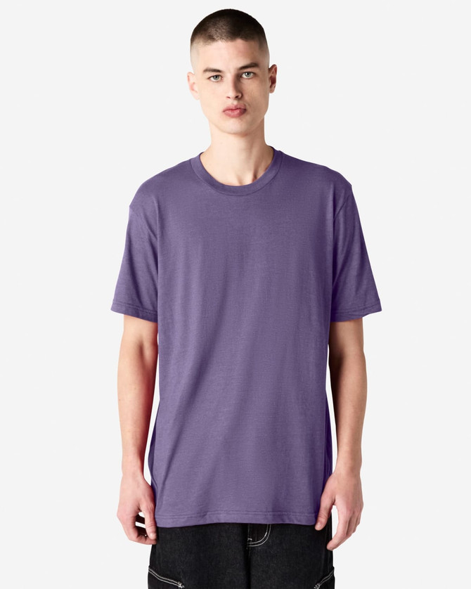 A unisex short sleeve T-shirt in a light purple colour. The shirt features a simple design and has a logo.