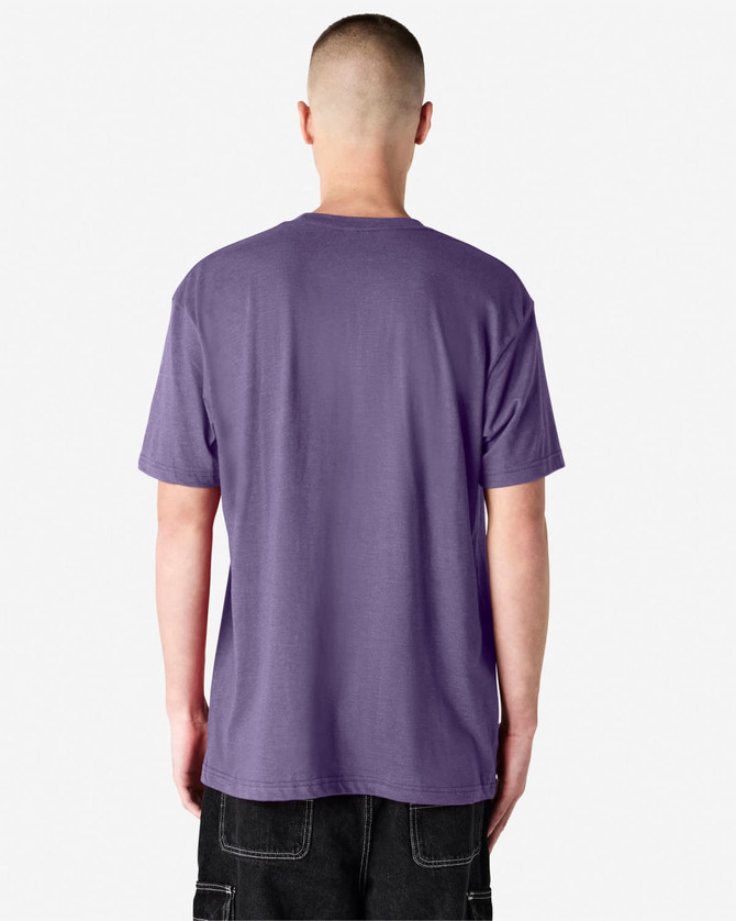 A unisex short sleeve T-shirt in a purple shade, featuring a simple design and a logo on the back.