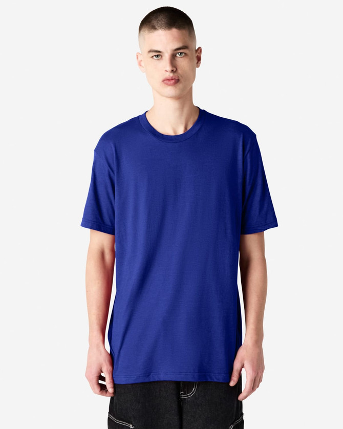 A plain blue unisex short sleeve t-shirt with a relaxed fit and a logo on the front.