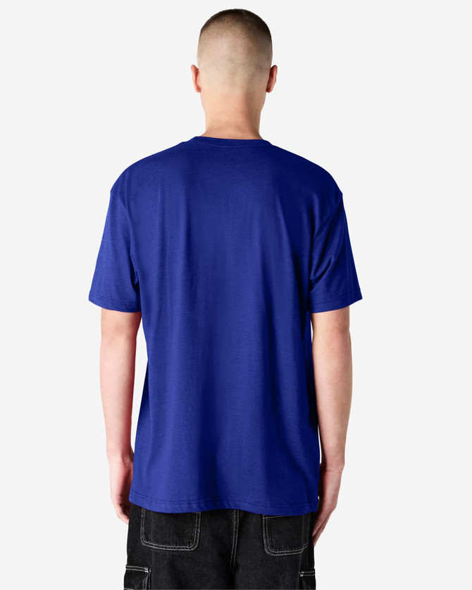 A blue unisex CVC short sleeve t-shirt with a plain back view, featuring a logo.
