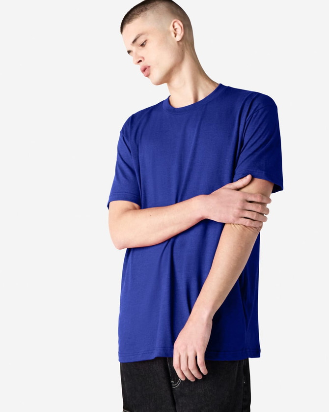 Unisex CVC short sleeve t-shirt in a vibrant blue colour, featuring a logo on the front.