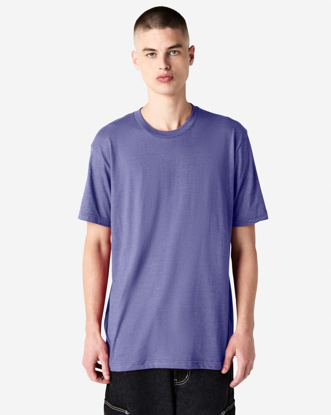 A unisex short sleeve T-shirt in a vibrant purple colour, featuring a simple design and a logo.