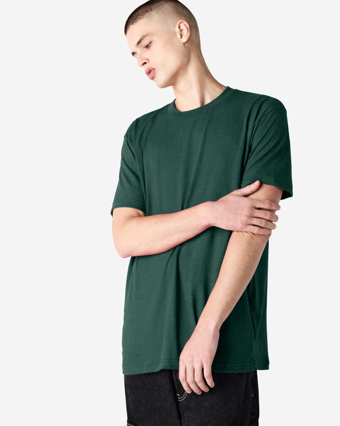 A unisex CVC short sleeve t-shirt in dark green, featuring a simple design and a branding logo.