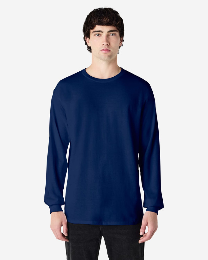 A long sleeve t-shirt in navy blue, featuring a simple design and a logo on the front.