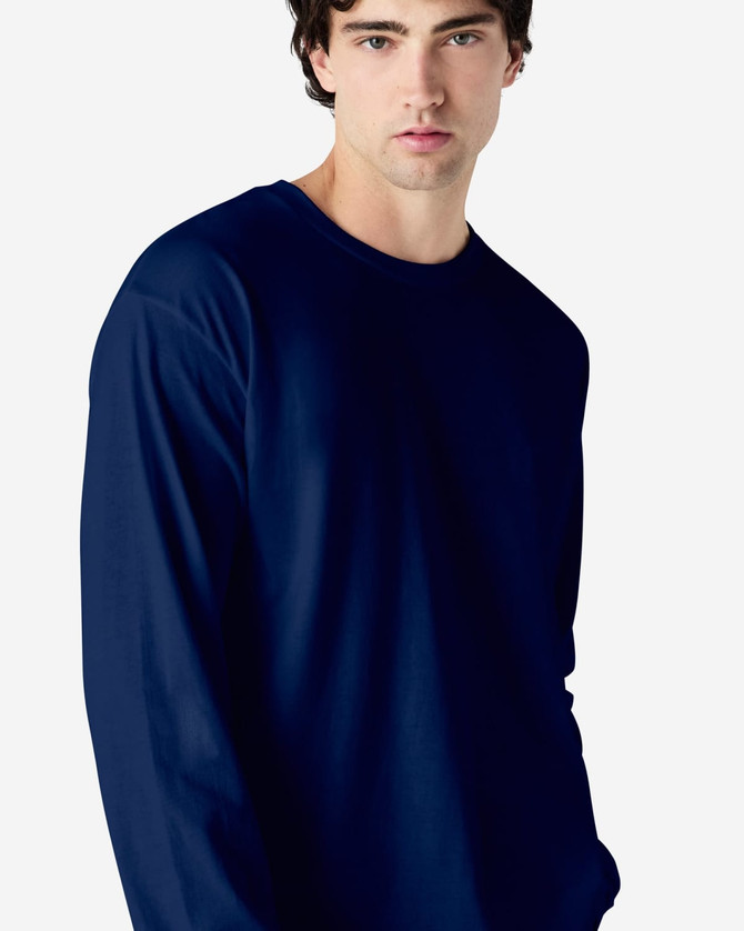 A navy long sleeve T-shirt designed for adults, displayed on a model with a neutral background.