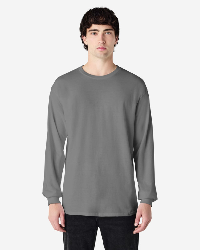 A grey long sleeve T-shirt featuring a round neck and a brand logo on the label.