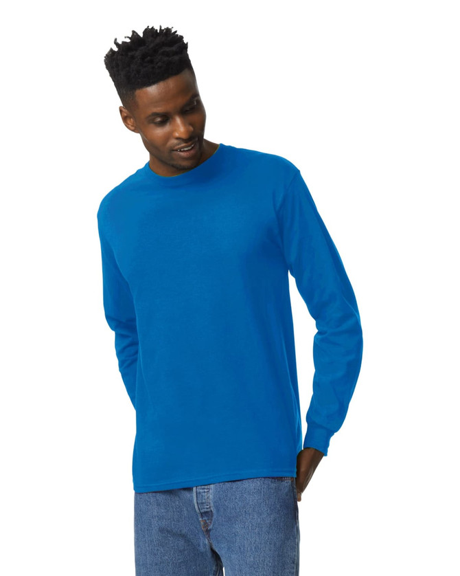 A vibrant blue long sleeve t-shirt with a crew neck, featuring a branded logo on the front.
