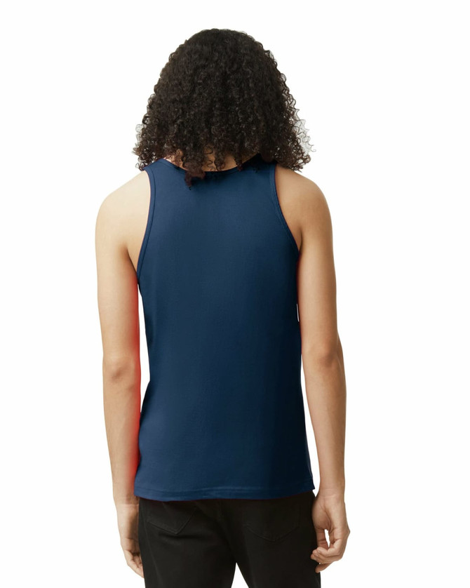 A unisex fine jersey tank featuring a navy back and a vibrant contrast section, with a small branding logo.