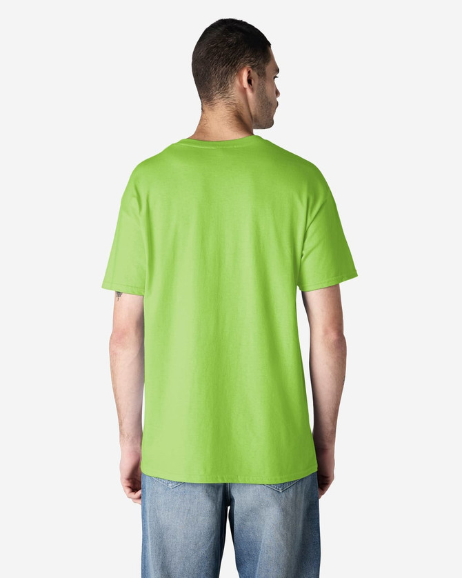 A green Gildan Heavy Cotton Adult T-Shirt is displayed, featuring a plain back design.