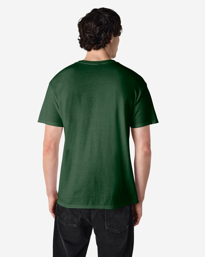 A dark green Gildan Heavy Cotton Adult T-Shirt displayed on a male model from the back, featuring a logo.