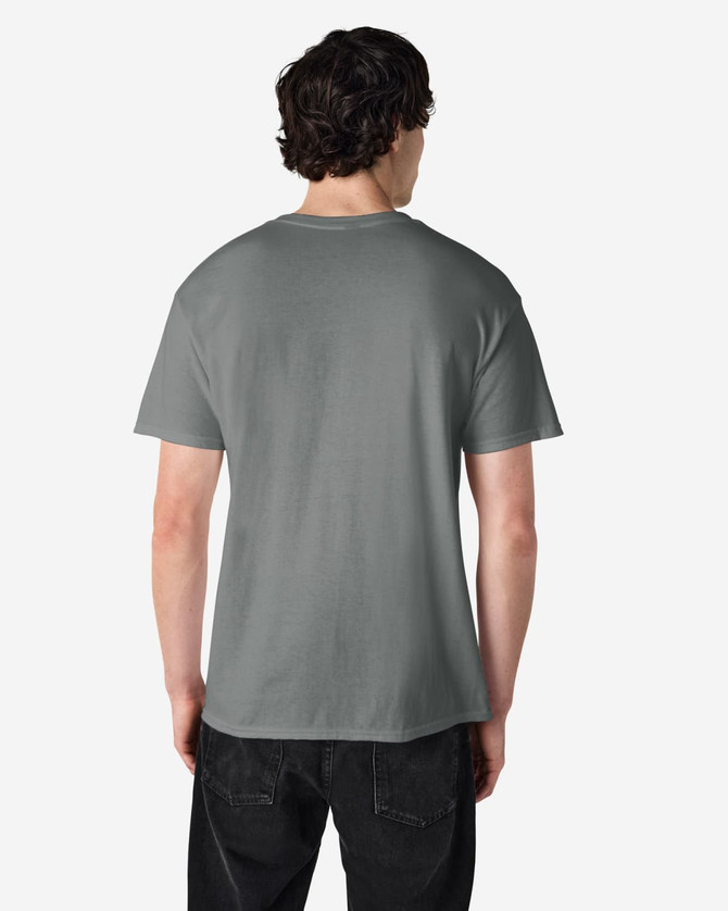 A grey Gildan Heavy Cotton Adult T-Shirt, viewed from the back, featuring a simple design and a logo.