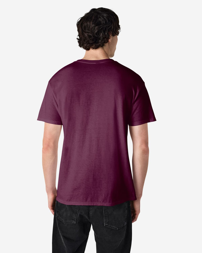 A maroon Gildan Heavy Cotton adult T-shirt displayed from the back, featuring short sleeves and a plain design.