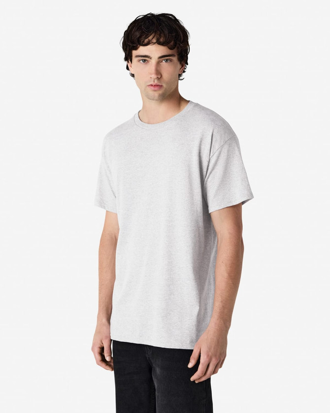 A light grey Gildan Heavy Cotton adult t-shirt with a simple design and a logo on the front.