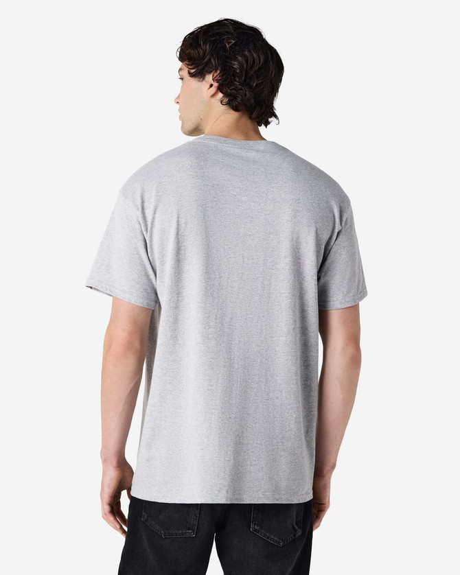 A grey Gildan Heavy Cotton adult t-shirt with short sleeves, viewed from the back. It features a logo on the label.