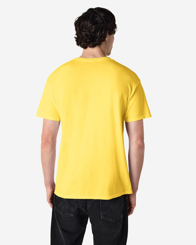A yellow Gildan Heavy Cotton adult T-shirt viewed from the back, featuring a plain design and short sleeves.