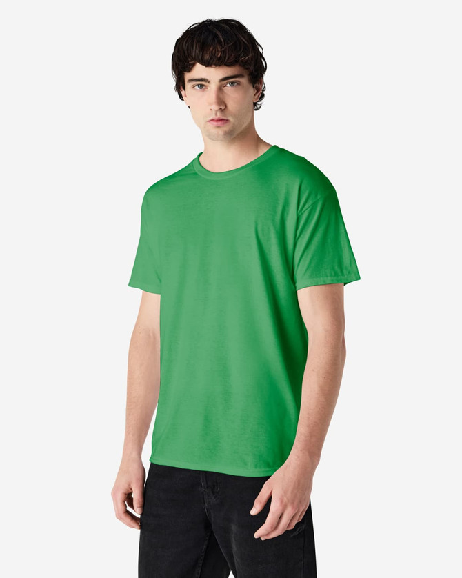 A green Gildan Heavy Cotton adult T-shirt displayed on a model against a plain background.