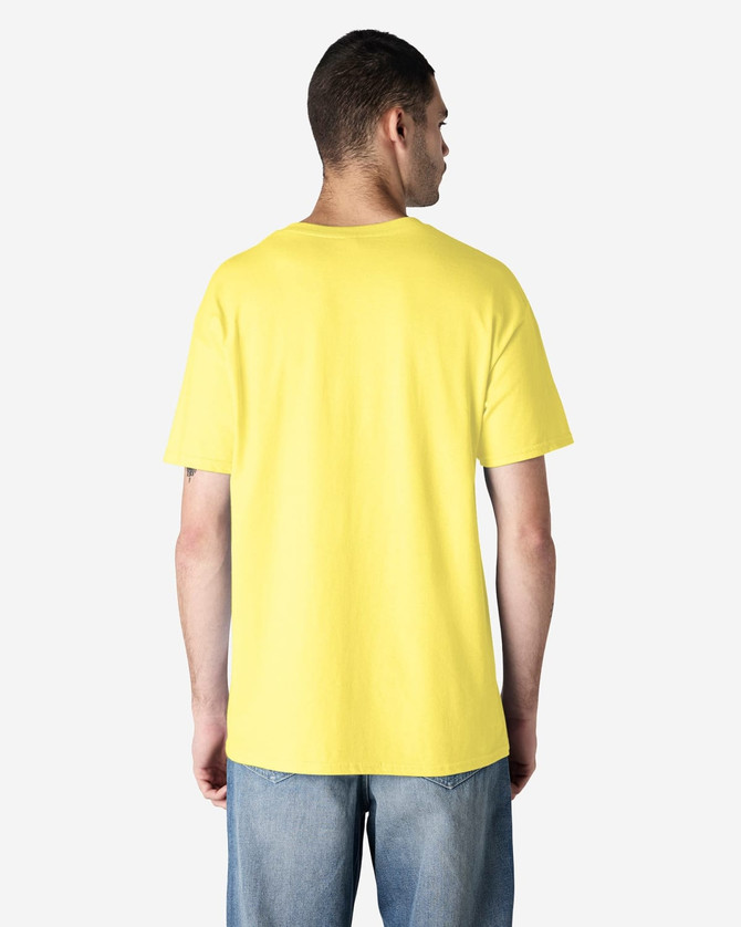 A yellow Gildan Heavy Cotton Adult T-Shirt displayed from the back, featuring a plain design and no visible branding.