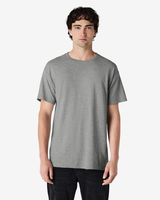 A grey adult T-shirt displayed on a model, featuring a crew neckline and short sleeves, with a logo on the shirt.