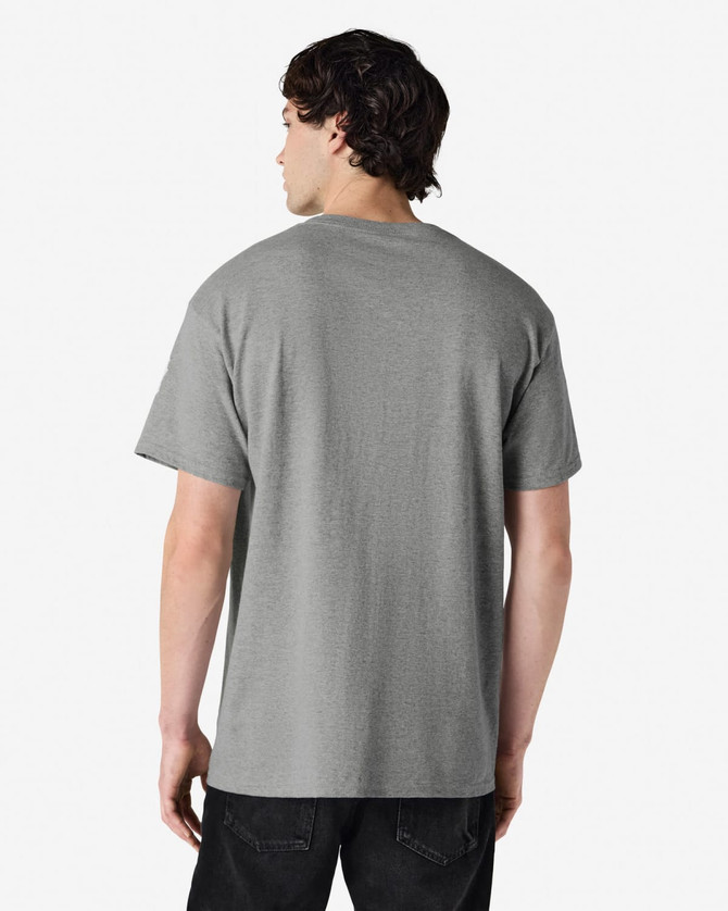 A grey Gildan Heavy Cotton adult t-shirt viewed from the back, featuring a simple design and short sleeves.