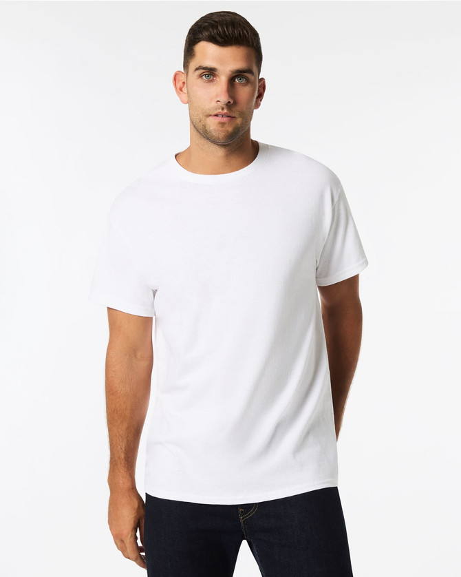 A white adult t-shirt is displayed on a male model with a simple, classic design and a round neck.