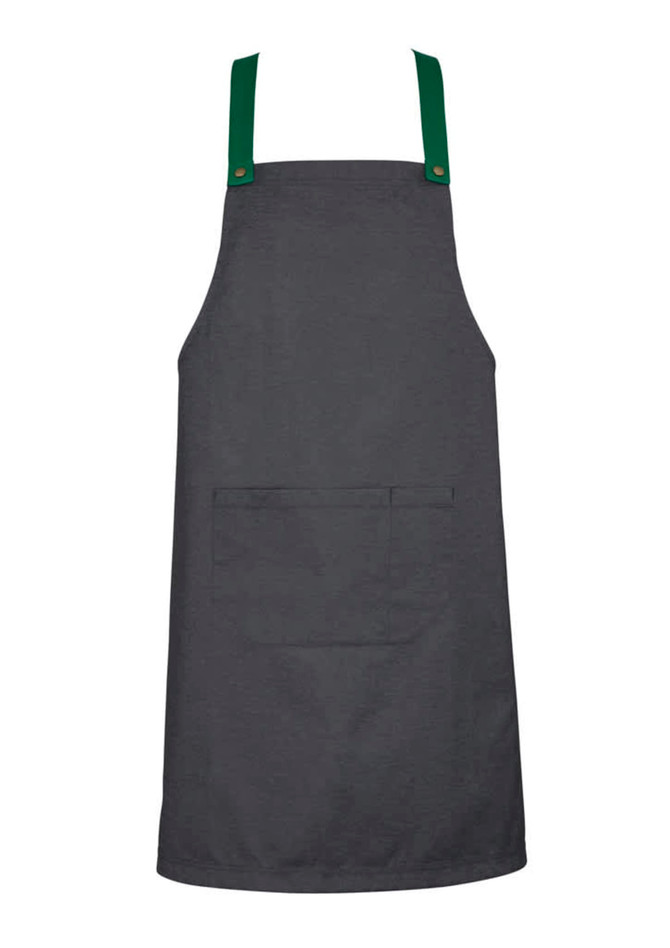 A grey apron with green straps and a front pocket, featuring a logo at the neckline.