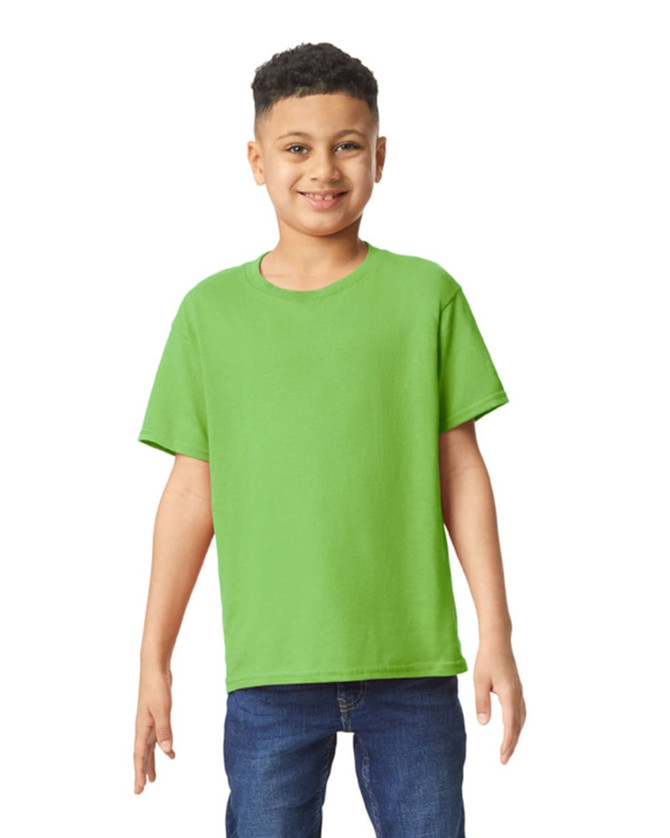 A green youth T-shirt featuring a blank front and a logo on the sleeve, modelled by a smiling child.