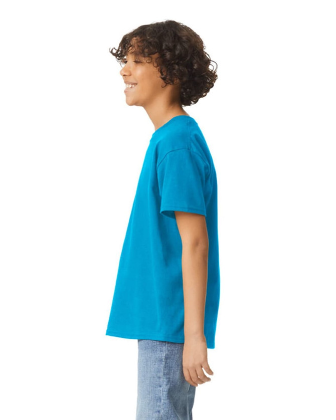 A youth T-shirt in bright blue, featuring a crew neckline and short sleeves, with a logo visible.