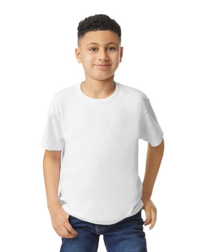 A youth wearing a white Gildan Heavy Cotton T-shirt, featuring short sleeves and a round neck.