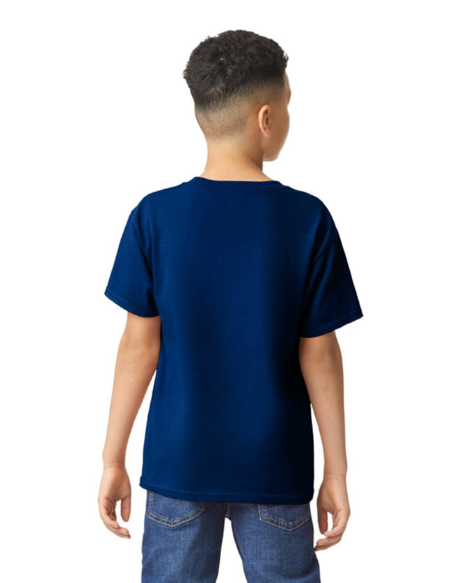 A navy youth t-shirt with short sleeves, viewed from the back, featuring a logo.