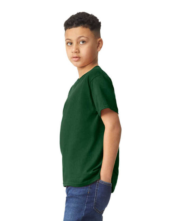 A green Gildan Heavy Cotton Youth T-Shirt displayed on a young model, featuring a logo on the front.