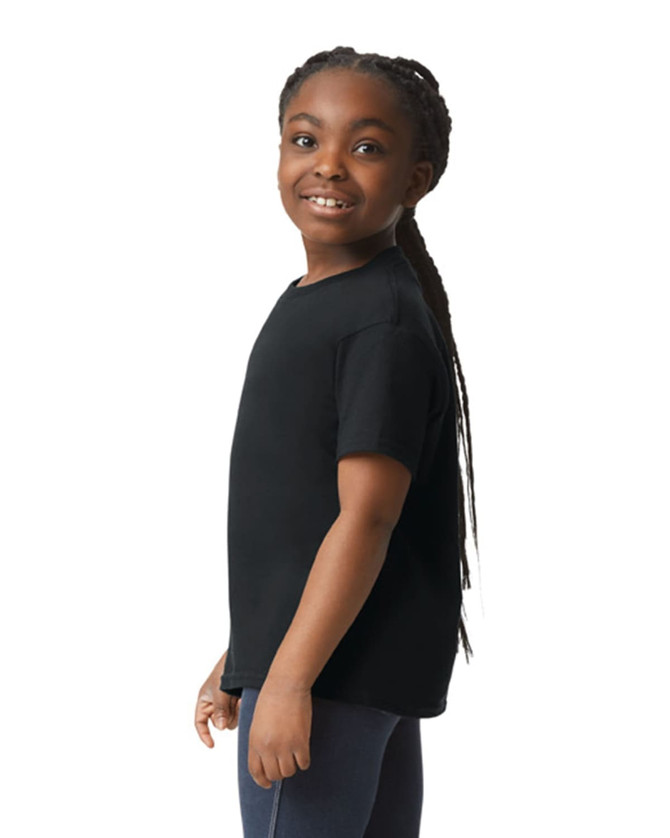 A black youth t-shirt displayed on a model, featuring a round neckline and short sleeves. The shirt has a logo.