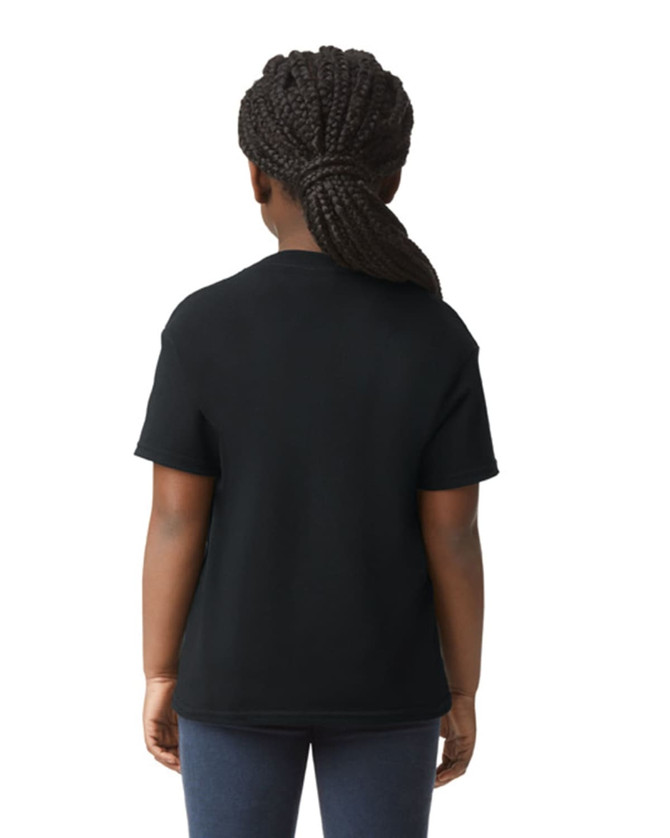 A black youth t-shirt with a straight cut and a modest design. The shirt has a logo on the back.